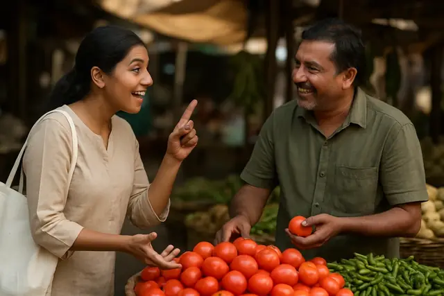 A woman bargaining with a vegetable seller